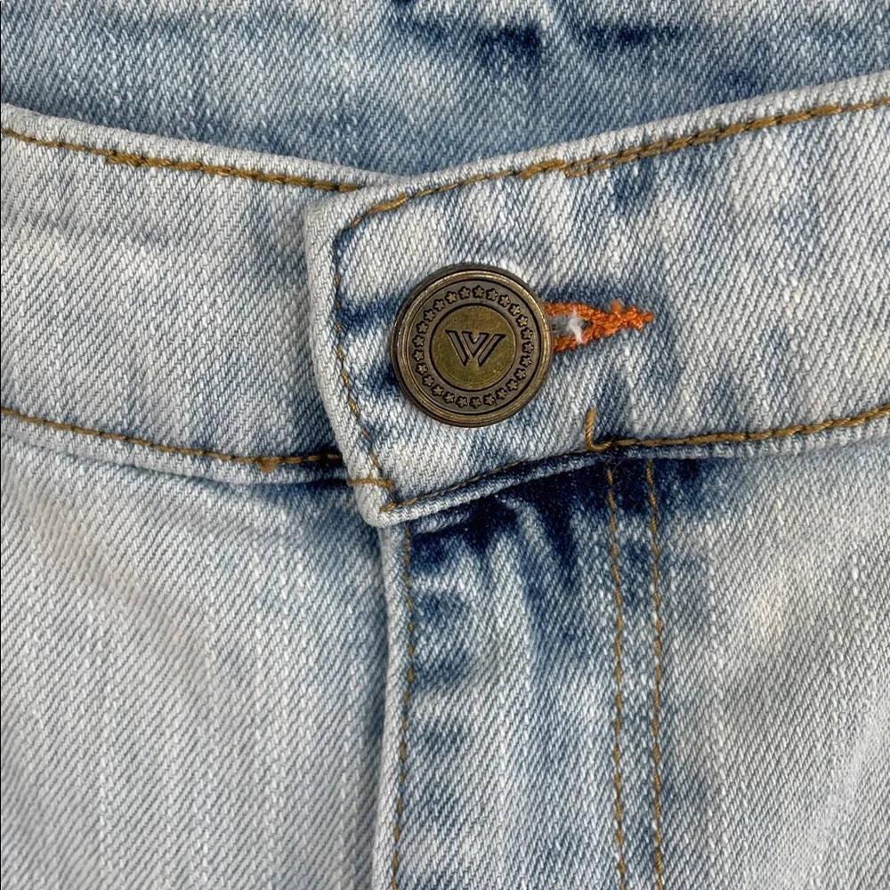 Watson Jeans Size 36 Skull Patch Distressed Punk Slogan Light Blue Graphic Denim